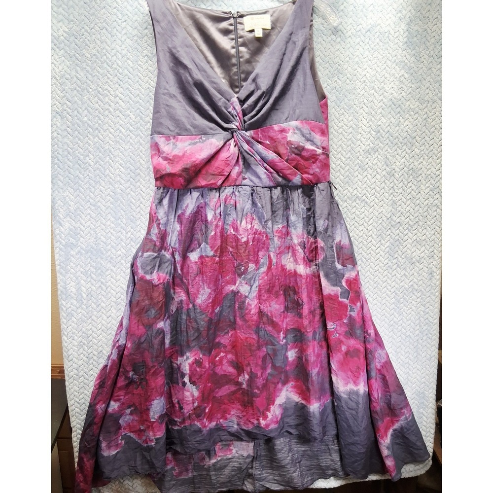 Lela Rose Neiman Marcus Floral High Low Dress Grey Pink Silk Blend Size 14